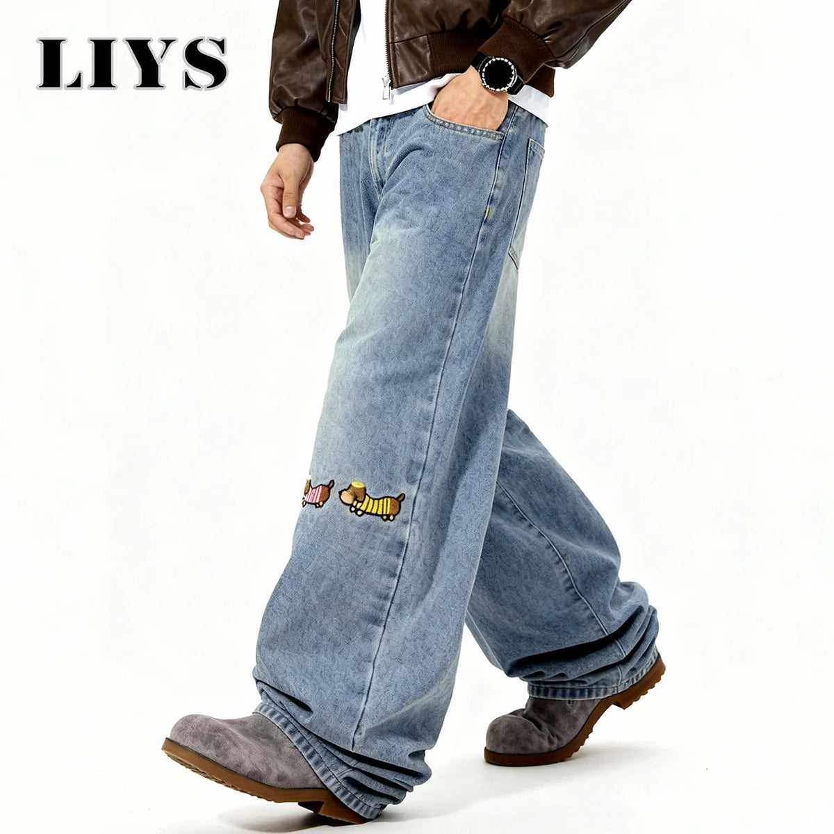 Dachshund Embroidery Baggy Wide-Leg Jeans – Men's Y2K Korean Style