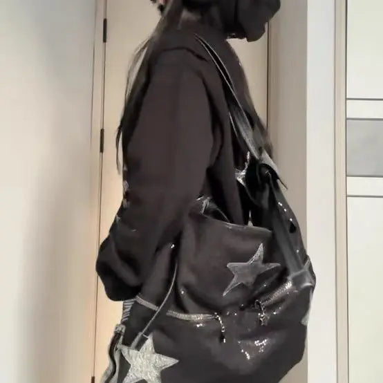 Star Black Large Capacity Tote Bag Women Hot Girls Beading Y2k Shoulder