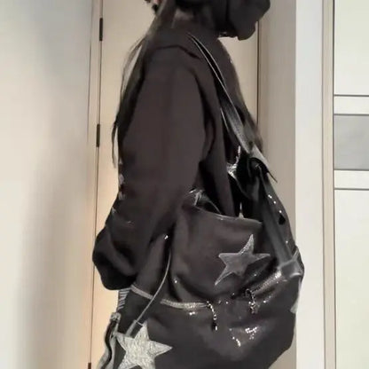 Star Black Large Capacity Tote Bag Women Hot Girls Beading Y2k Shoulder