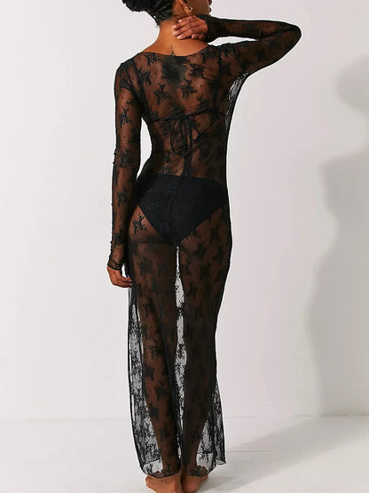 Sheer Lace Maxi Dress for Women – Long Sleeve Slit Chemise