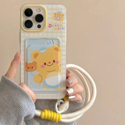 Toast Bear iPhone Case with Card Holder & Lanyard Strap