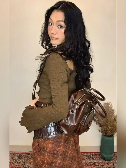 Retro Brown Large Capacity Purse Women Vintage Leather  Aesthetic