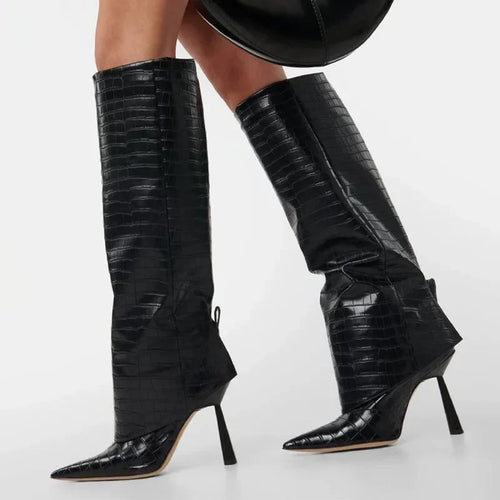 Knee-High Stiletto Boots for Women – Croc Pattern Leather