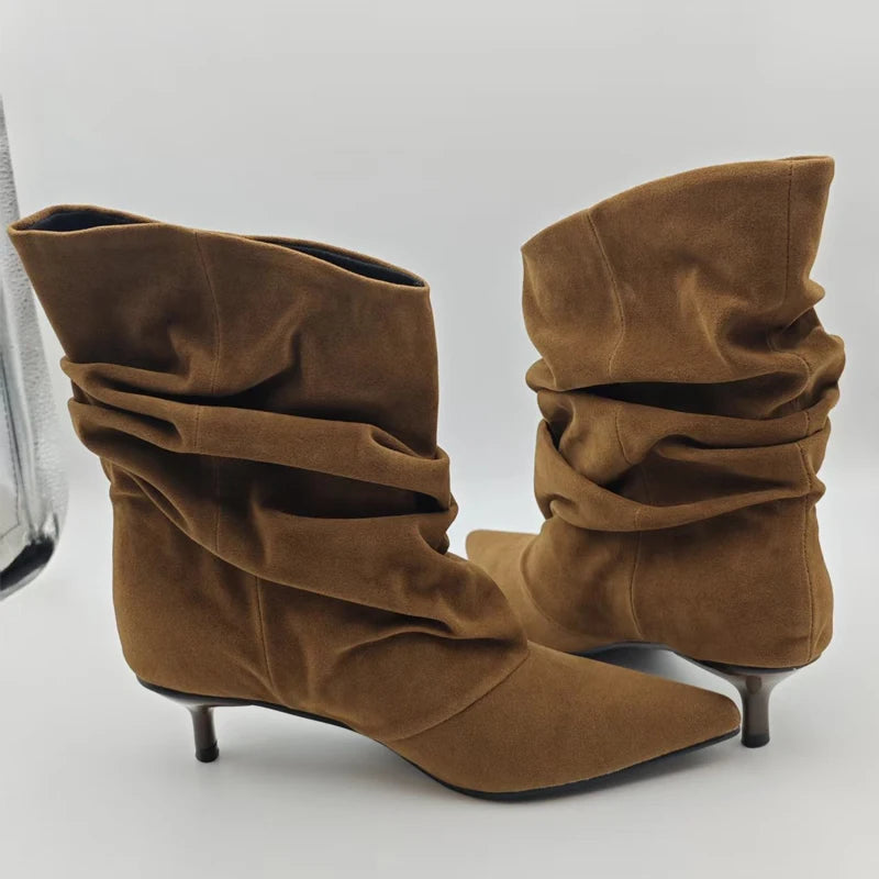 Pleated Suede Ankle Boots Women Pointed Toe Kitten Heel