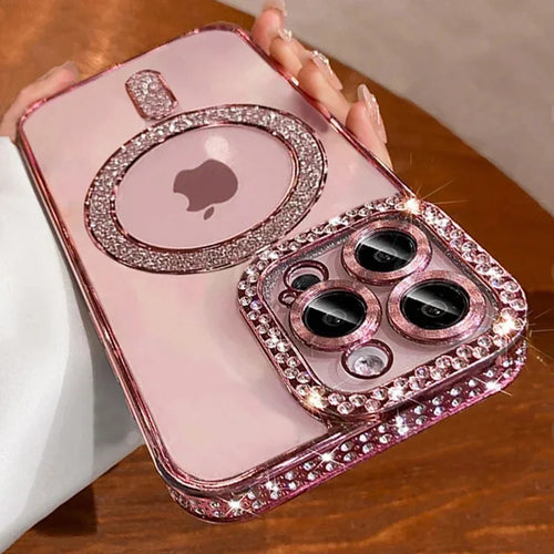 New Fashion Glitter Diamond Transparent Case For iPhone 17/ 16/ 15/ 14/ 13/ 11/ 12 Pro Max Funda Magnetic Wireless Charge Bumper Cover