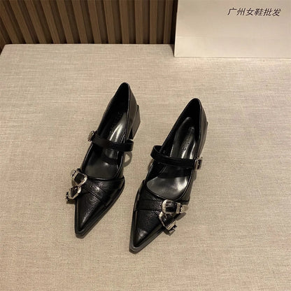 Pointed Toe Mary Jane Heels – Women's Metal Buckle Dress Shoes
