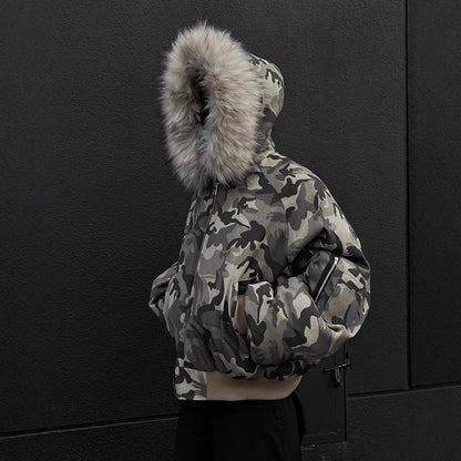 Camouflage Men's Winter Puffer Jacket – Fur Collar Hooded Cotton Coat