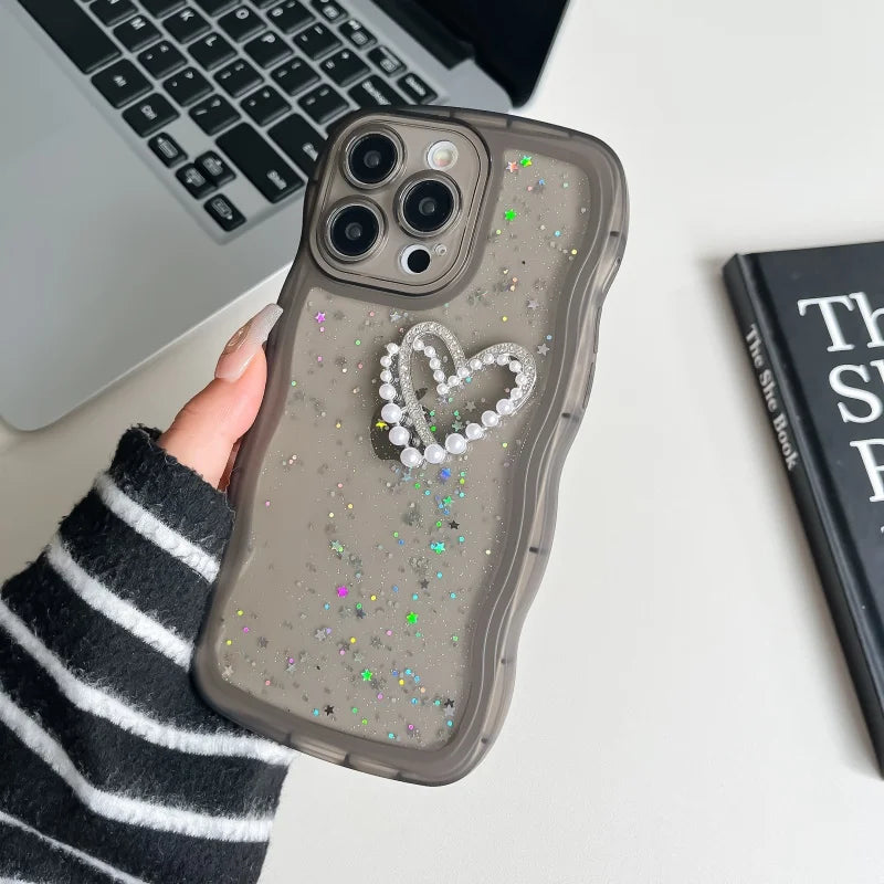 Pearl Heart Glitter Clear iPhone Case – Wavy Edge Shockproof Cover