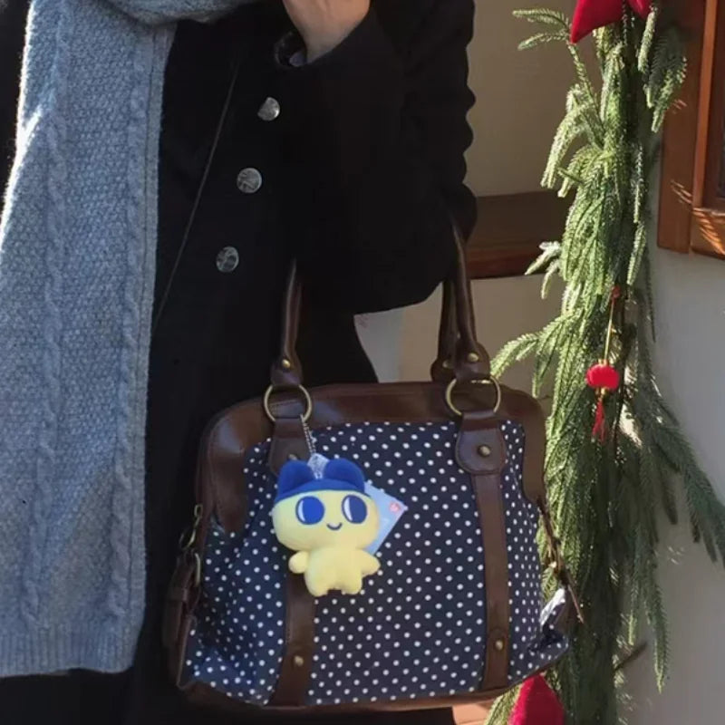 Vintage Polka Dot Tote Bag Women Preppy Style Large Capacity Handbag