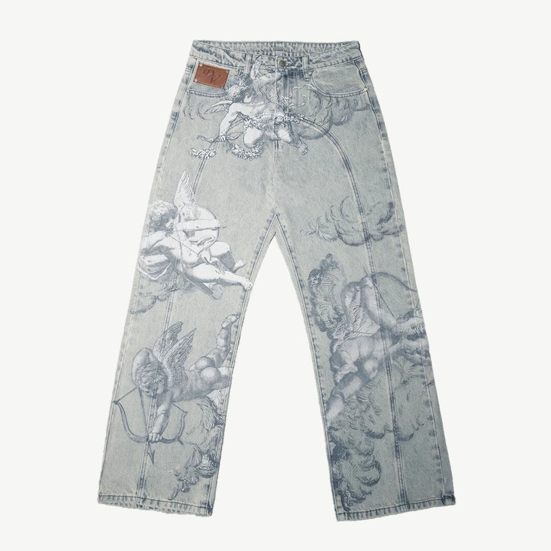 Angel Print Baggy Jeans – Y2K Cupid Graphic Streetwear Denim