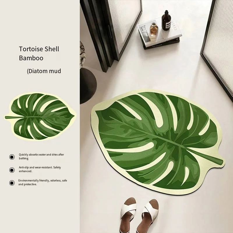 Green Leaf Shaped Bathroom Mat – Absorbent Anti-Slip Diatom Mud Floor Mat