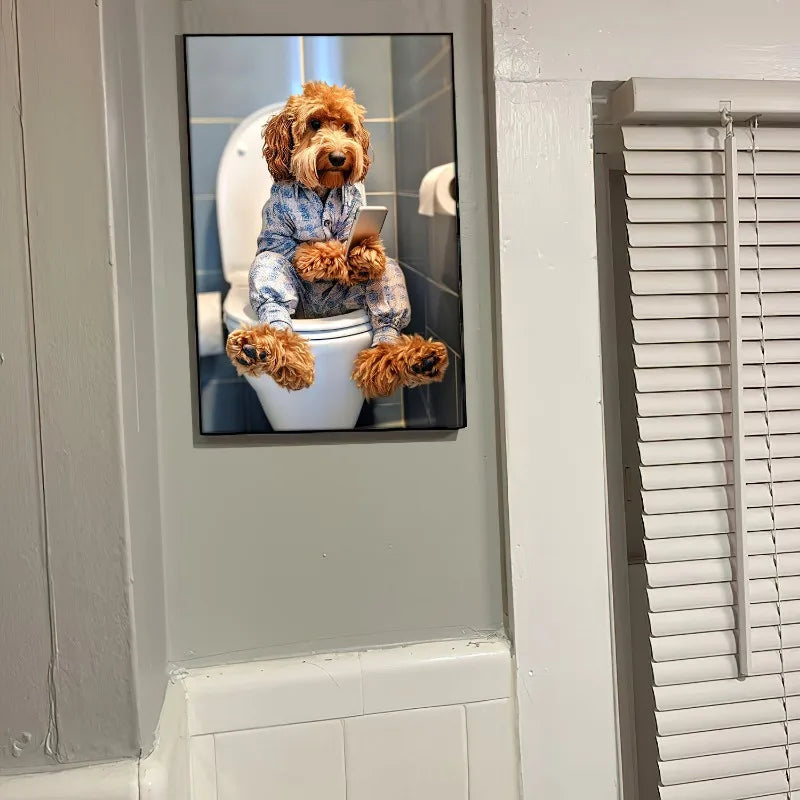 Funny Dog Bathroom Poster – Dog Reading Newspaper on Toilet Wall Art