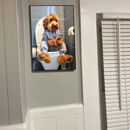 Funny Dog Bathroom Poster – Dog Reading Newspaper on Toilet Wall Art