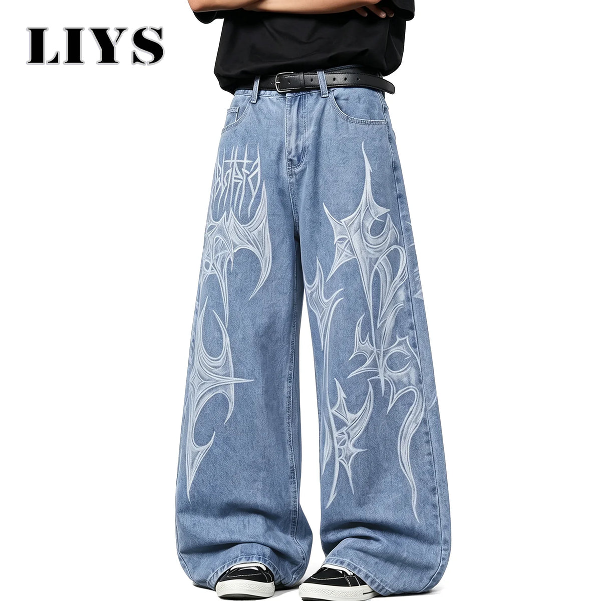 Tribal Graffiti Print Baggy Wide-Leg Jeans – Unisex Hip Hop Style
