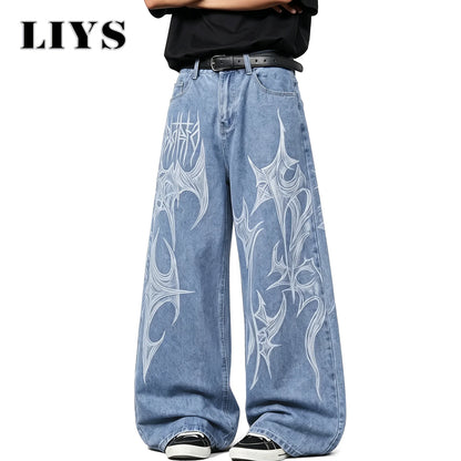 Tribal Graffiti Print Baggy Wide-Leg Jeans – Unisex Hip Hop Style