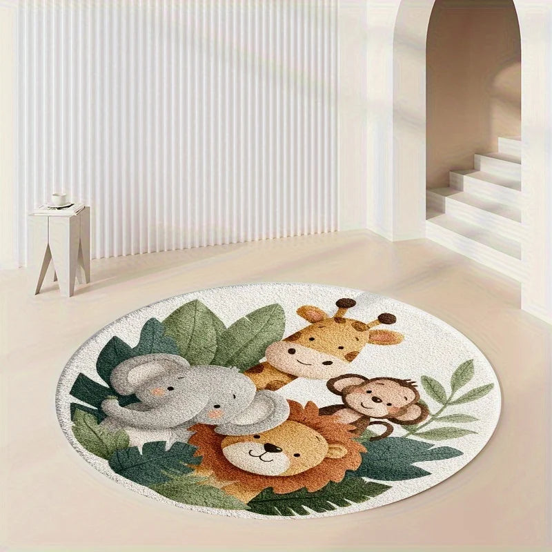 Cartoon Jungle Animal Round Rug – Non-Slip Soft Kids Play Mat
