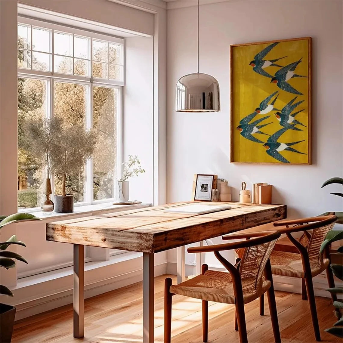 Japanese Swallow Birds Wall Art Poster – Yellow & Teal Canvas Print