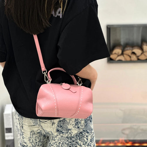 Genuine Cowhide Leather Mini Boston Bag for Women Luxury Designer Pebbled Leather