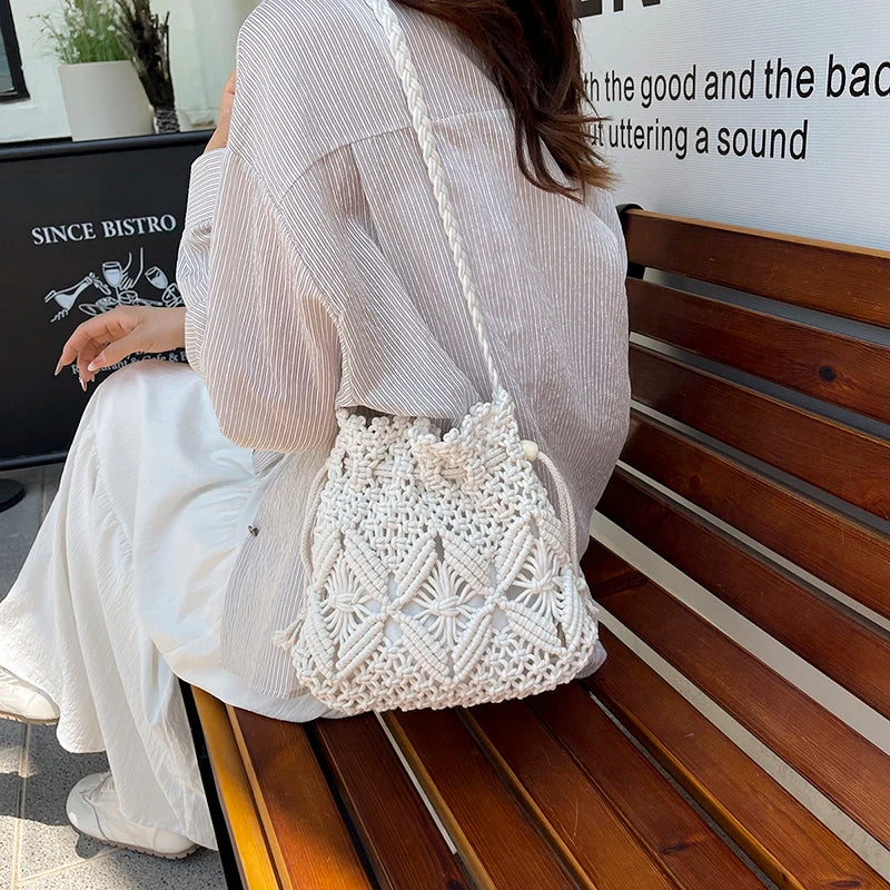 Woven Raffia Crossbody Bag for Women – Boho Knit Beach Purse
