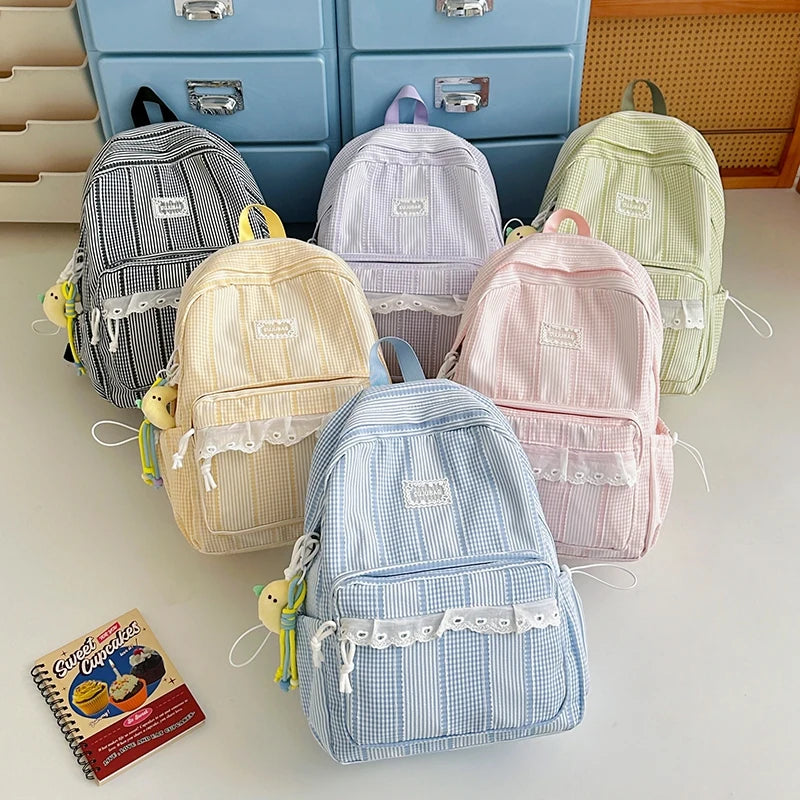 Sweet Style Girls Backpack – Cute Striped School Bag with Doll Charm