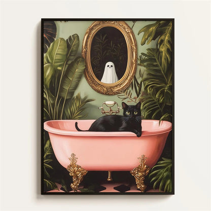 Black Cat Reading Newspaper Bathroom Poster – Funny Wall Art Print