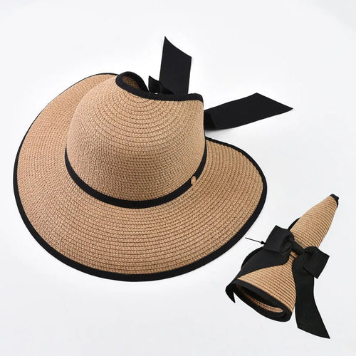 Wide Brim Straw Sun Hat with Black Ribbon Bow