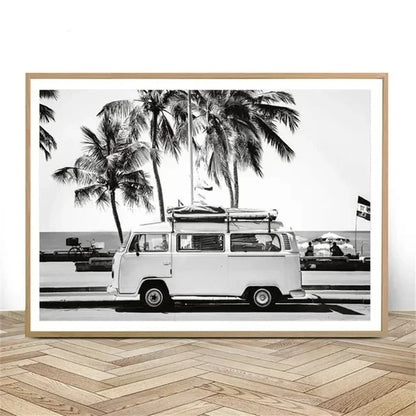 Beach Surf Wall Art Poster – Camper Van & Ocean Landscape