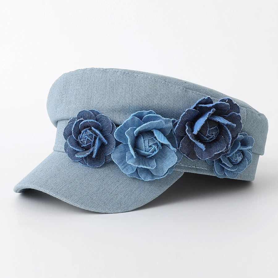 Women's Denim Military Cap with 3D Flower Detail