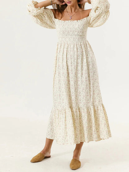 Puff Sleeve Smocked Midi Dress – Square Neck Flowy Casual Dress