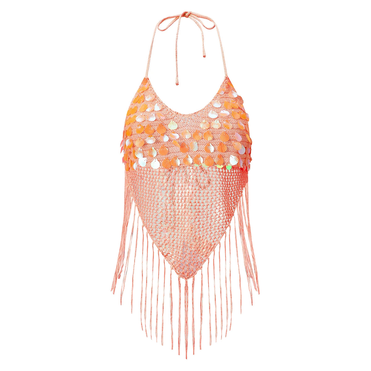 Sequin Fringe Halter Crop Top – Boho Knit Tassel