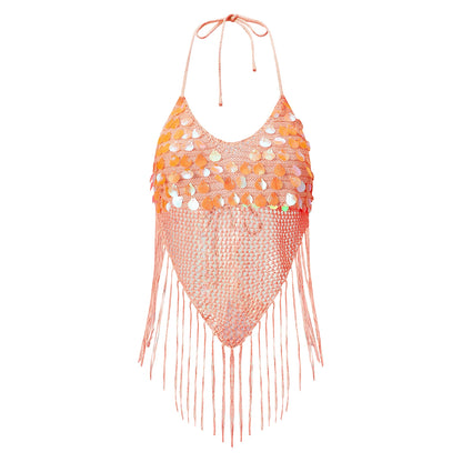 Sequin Fringe Halter Crop Top – Boho Knit Tassel