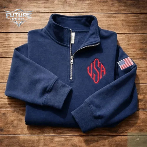 Men's Quarter-Zip Sweatshirt USA Embroidered Patch – Harajuku Y2K Vintage Pullover