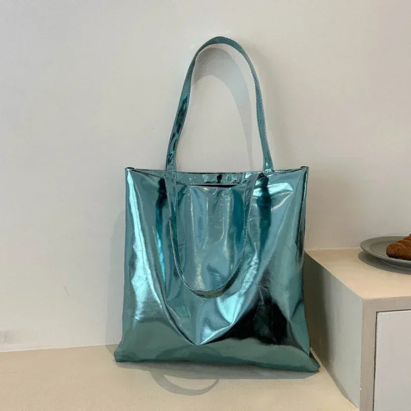 Glossy Tote Bags for Women Fashion High Capacity Shopping Pouch PU Leather Handags