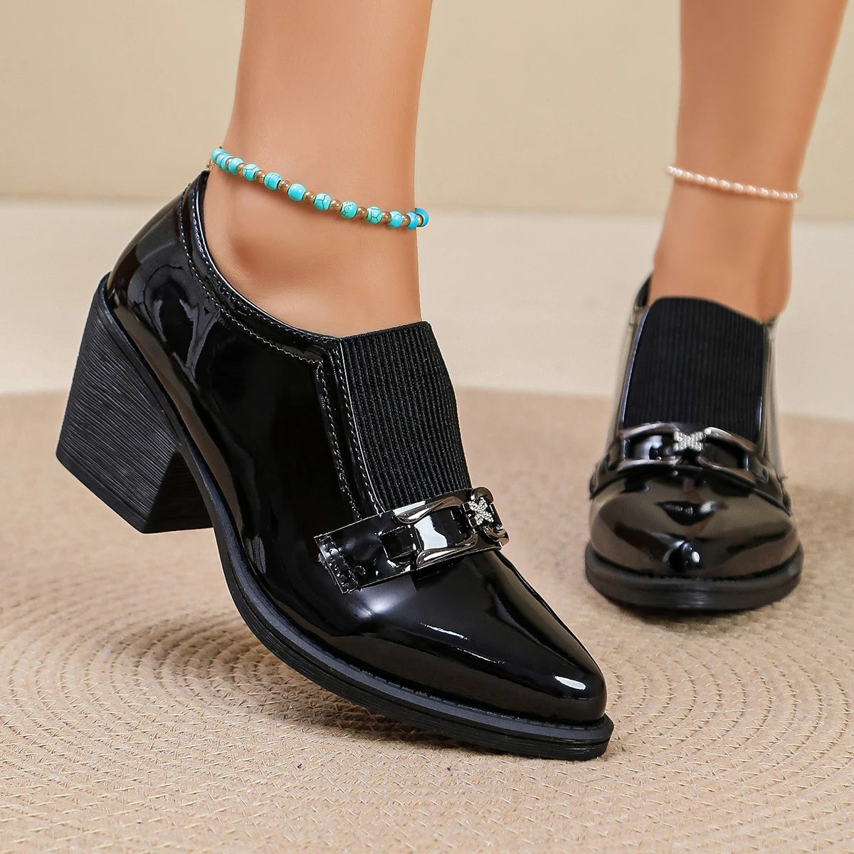 Women's Pointed Toe Block Heel Shoes – British Style Patent Leather
