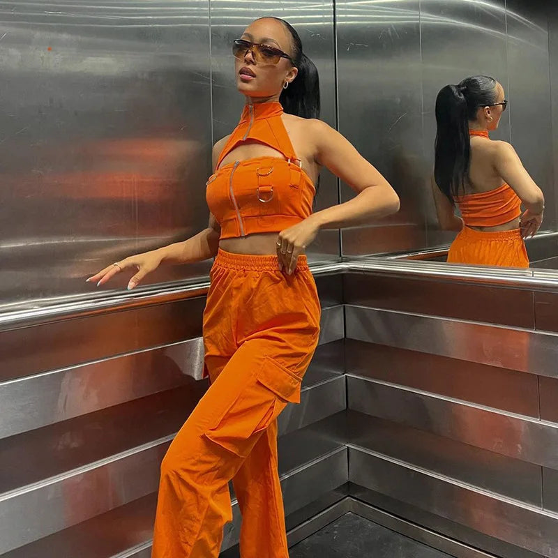 Women's Baggy Cargo Pants – Orange Straight-Leg Trousers