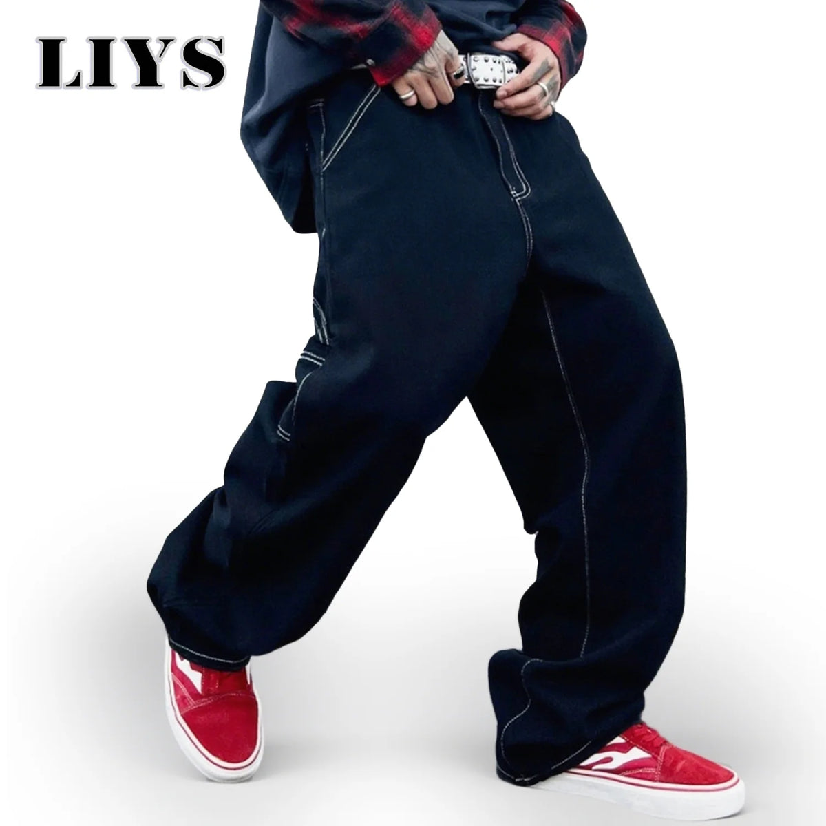 Retro Black Cargo Denim Jeans Men – Straight Leg Korean Streetwear Pants