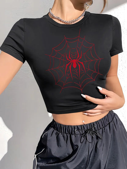 Spider Web Graphic Crop Top for Women – Slim Fit Tee