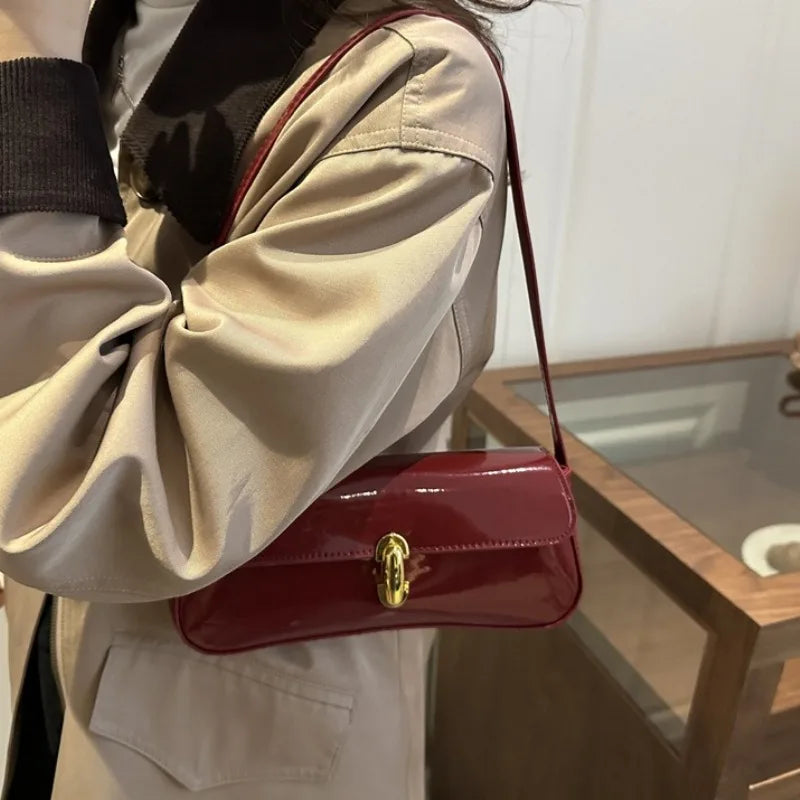 Patent Leather Baguette Bag Women's Shoulder Bag Gold Clasp