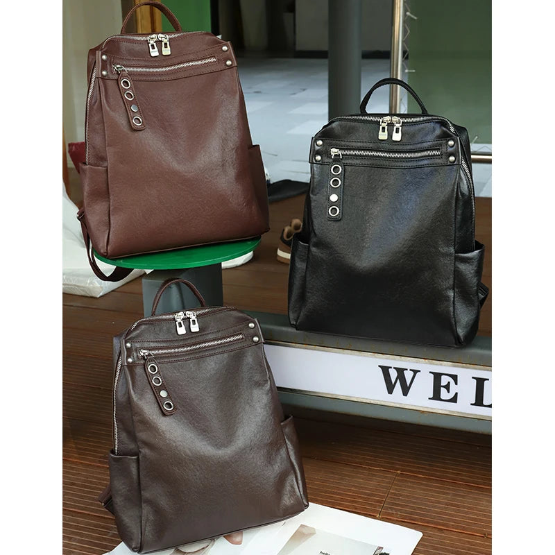 Genuine Cowhide Leather Backpack – Large Capacity Retro