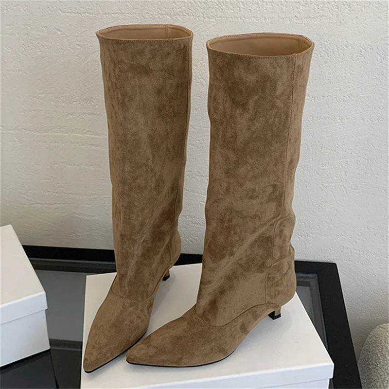 Eilyken Women Knee-High Boots – Pointed Toe Low Kitten Heel