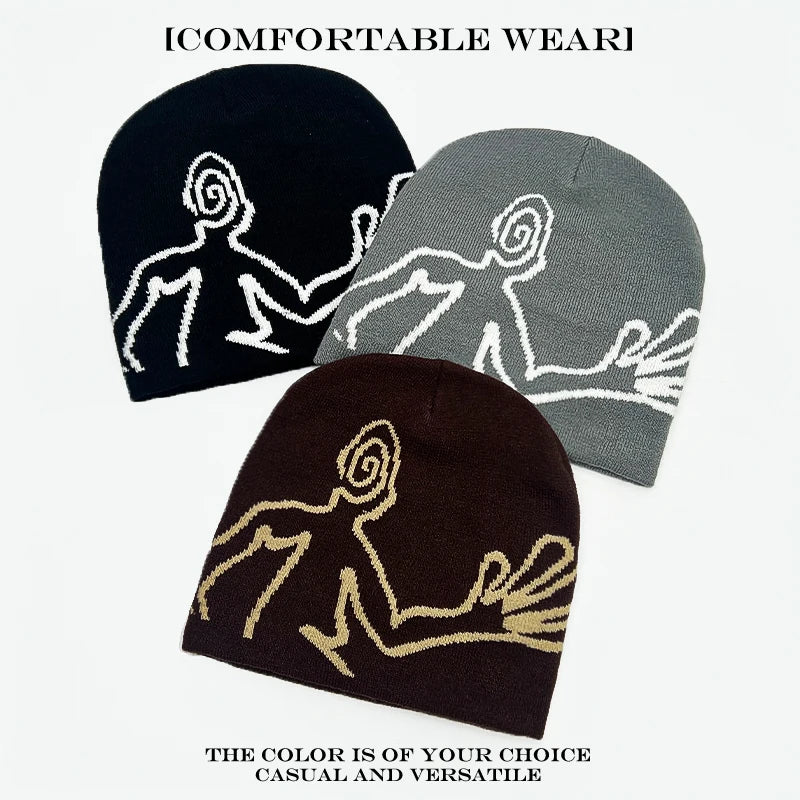 Jacquard Figure Beanie Hat – Unisex Streetwear Knit Cap