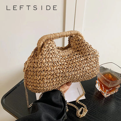 Woven Straw Bag with Chain Strap – Women's Boho Beach Handbag