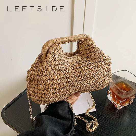 Woven Straw Bag with Chain Strap – Women's Boho Beach Handbag