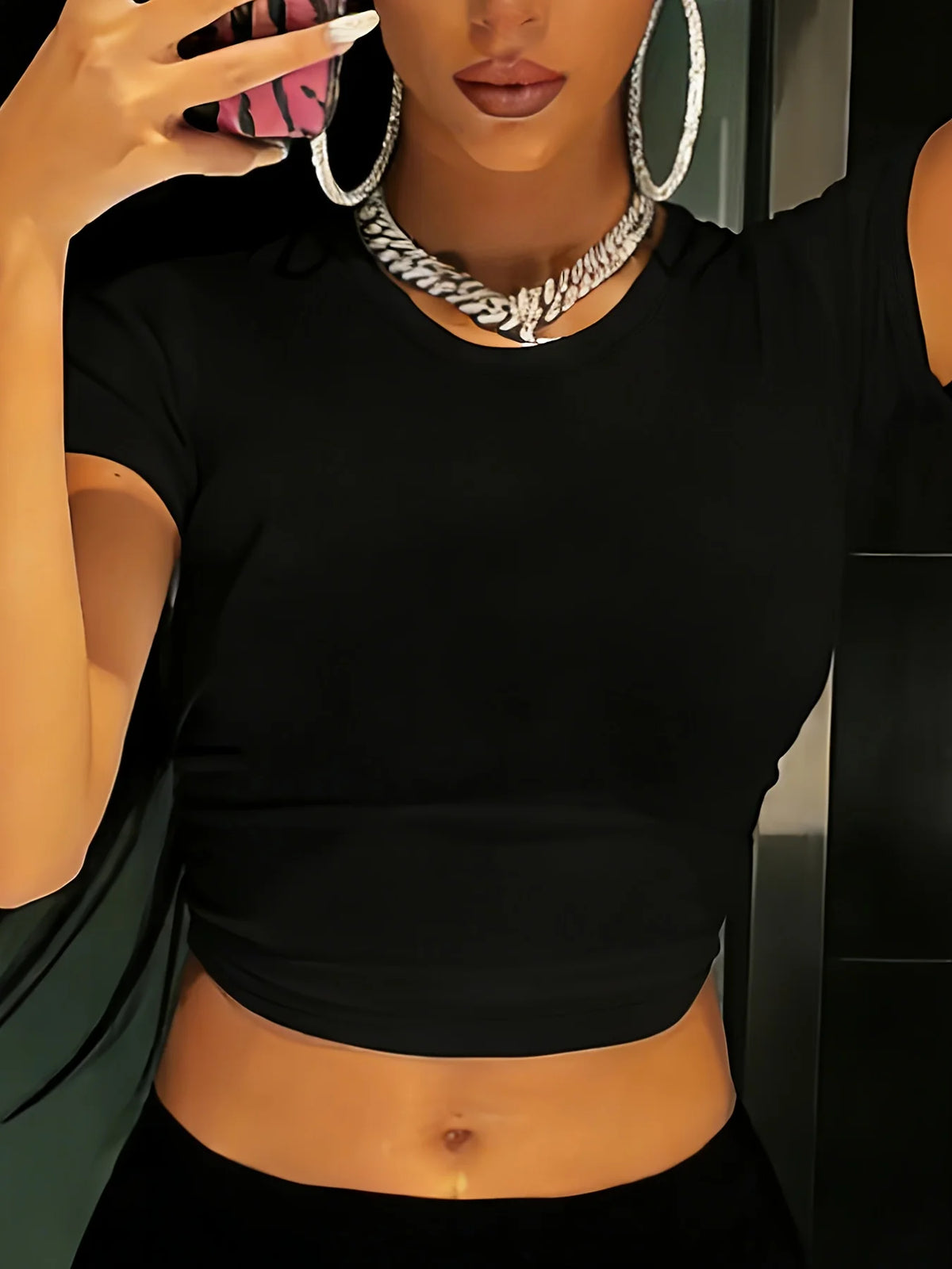 Women's Crop Top T-Shirt – Solid Color Round Neck Short Sleeve