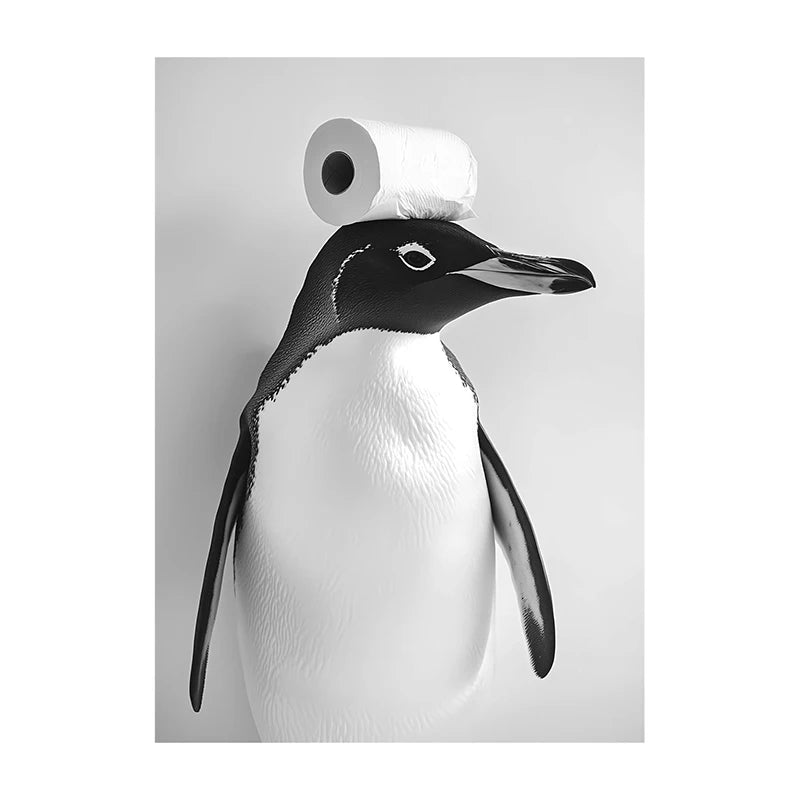 Funny Bathroom Wall Art Poster – Black & White Animal Toilet Paper Print