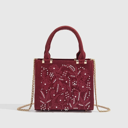 Floral Embroidery Square Tote Bag – Women's Handbag with Chain Strap
