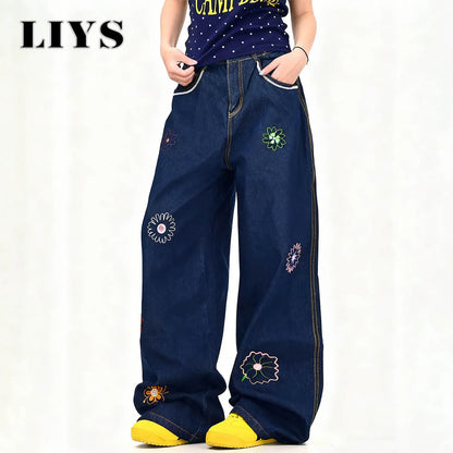 Y2K Flower Embroidered Baggy Wide Leg Jeans – Unisex Denim
