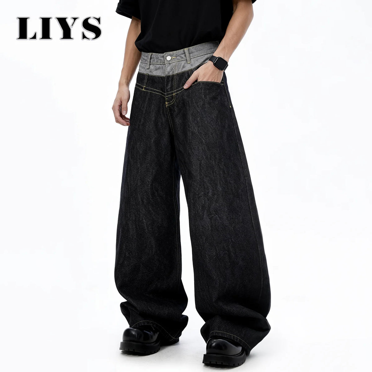 Liys Men S Retro Double Waist Design Baggy Wide Leg Jeans Street Denim Pants Gothic Loose Machete