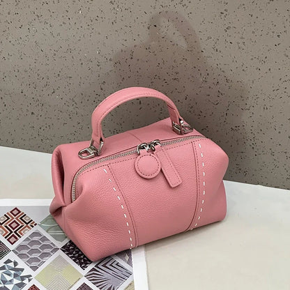 Genuine Cowhide Leather Mini Boston Bag for Women Luxury Designer Pebbled Leather