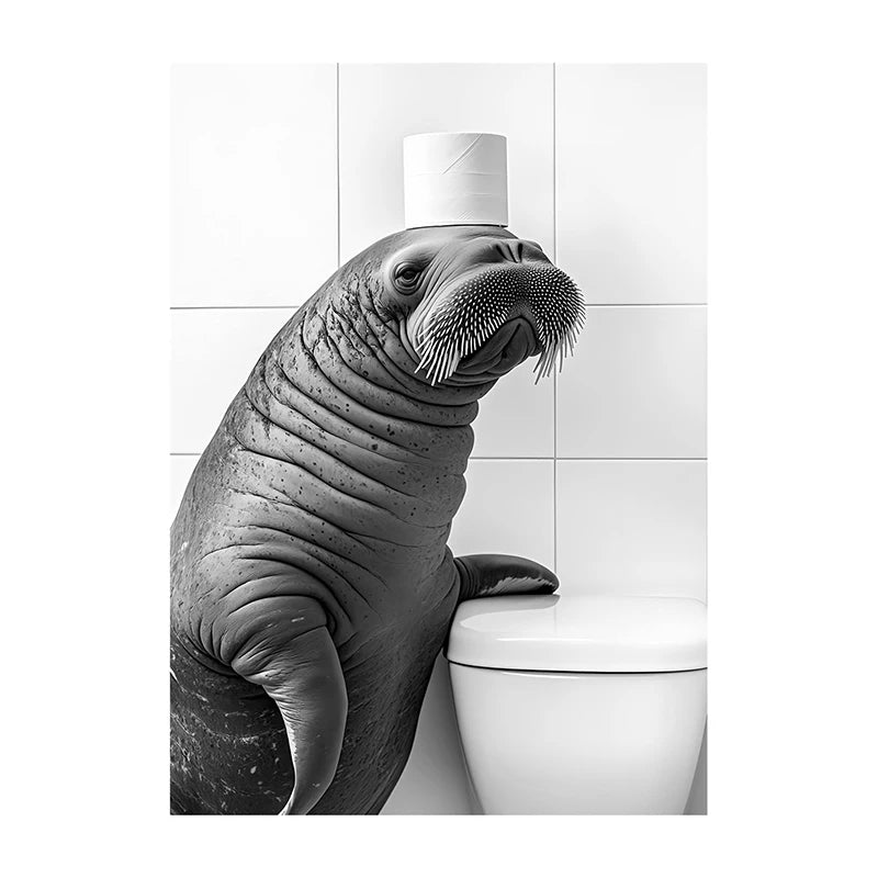 Funny Bathroom Wall Art Poster – Black & White Animal Toilet Paper Print